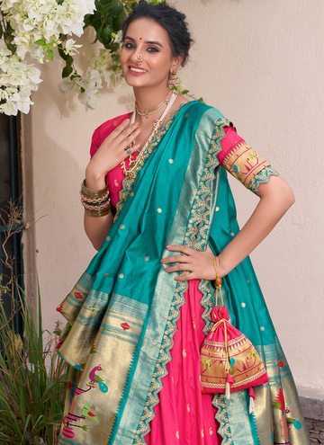 Incredible Pink Zari Weaving Jacquard Silk Paithani Lehenga Choli